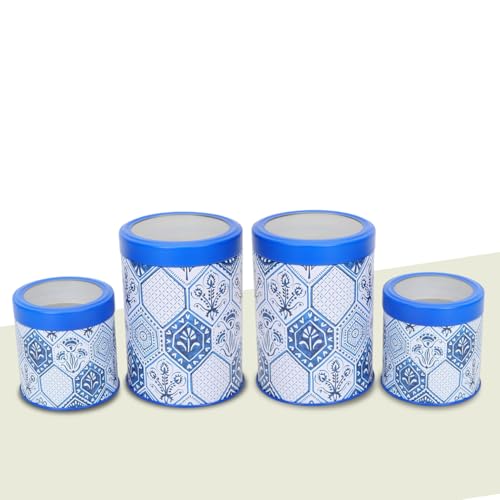 Image of Maroc Collection Airtight Kitchen Container Set| 450ML+1100ML- Set of 4| Food Grade Metal Jars for Spices, Cookies & Dry Food Storage| Vacuum Lid, Rust Resistant, Moroccan Blue Canisters