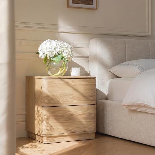 Image of Yechen Nightstand with 2 Push to Open Drawers Storage | 22'' Rounded Eges Bedside Table with Hidden Drawer, Modern Wooden End Tables for Bedroom, Curved Profile, Natural Oak