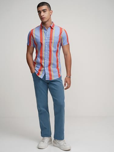 Image of Highlander Men's Casual Shirt | Striped | Slim Fit | Short Sleeves | Vertical Stripes a Sleek Look