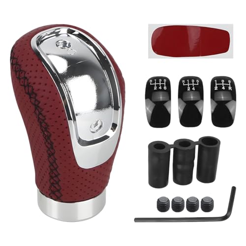 JNNJ Leder Auto Schaltknauf Auto 5 6 Gang Schaltknauf Schalthebel Mit 3 Adaptern Universal Manueller Schaltknauf-Adapter Für Manuelles Schaltgetriebe(Rot)