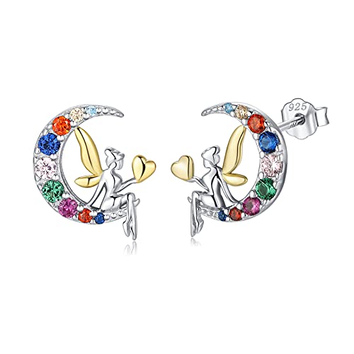 Qings Pendientes de Hada en La Luna,Pendientes Luna de Plata de Ley 925 para Mujeres Niñas,...