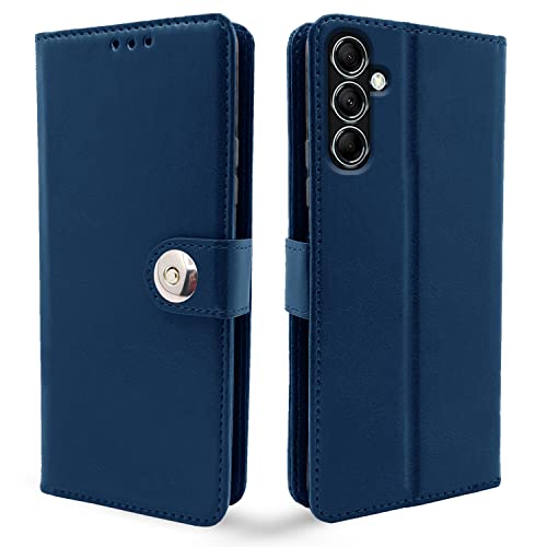 Image of Pikkme Samsung Galaxy M14 5G Flip Cover Leather Finish | Inside TPU with Card Pockets | Wallet Stand and Shock Proof | Complete Protection Button Flip Case (Blue)