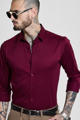 Image of SNITCH Men Formal Shirt | Slim Fit Long Sleeve Spread Collar Solid Design | Premium Cotton Blend & Breathable Fabric for Office & Casual Wear