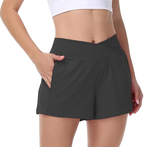 Flowy Athletic Shorts for Women Workout Running Gym Yoga Sport Active Sweat Spandex Skort Golf Tennis Skirt Crossover with Pockets Cute Comfy Girls Trendy Clothes Lounge Casual Summer Outfits Black S