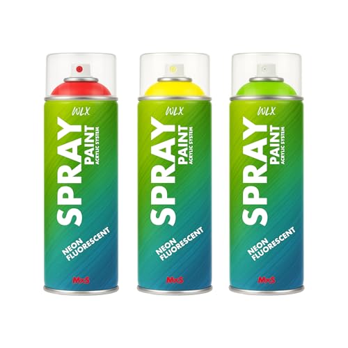 WLX Neon-Sprayfarben-Set – 3 Farben à 400 ml. Hochsichtbare, schnelltrocknende Fluoreszenzfarben für Holz, Metall, Stein und Glas
