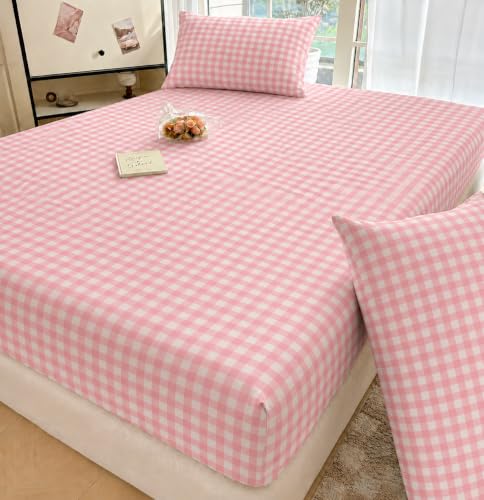 Image of VOMZER King Size (72x78) 300 TC Soft Cotton Feel Microfiber All Around Elastic Fitted Double Bedsheet with 2 Pillow Covers | Pink Check