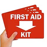 SmartSign (Pack of 4) 5 x7 inch “First Aid Kit” Sticker Labels with Down Arrow, 5 mil Laminated Polyester with SuperStick Adhesive, Red and White, Made in USA