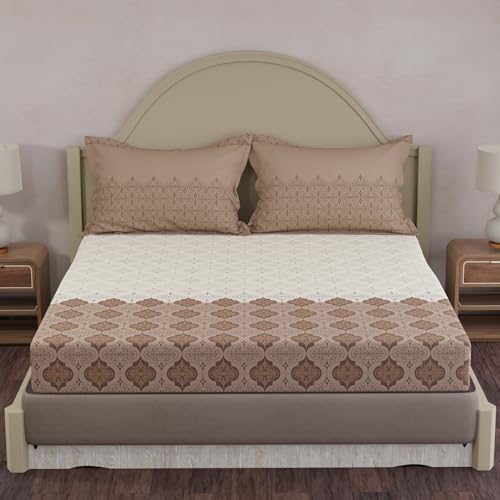 Image of Layers 100% Cotton King Size Bedsheet Set | Brown & White Ethnic Print | 120 TC Forever Collection | Soft & Breathable | Washable Bedsheet with 2 Pillow Covers | All Season