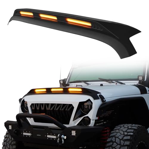 Hooke Road Wrangler JK Bug Deflector Shield Hood Protector Stone Guard with 3 3W Amber Lights for 2007-2018 Jeep Wrangler JK & JKU Unlimited Sahara Rubicon Sport