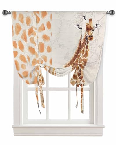 Tie Up Curtains for Windows Vintage African Giraffe Rod Pocket Tie-Up Window Shade Adjustable Balloon Curtain Valance Retro Animal Art for Bedroom Kitchen Bathroom Blinds,42x45in