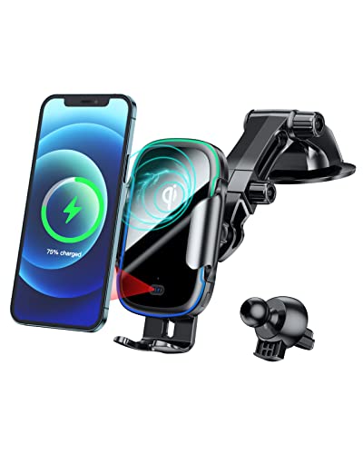 Wireless Car Charger, 15W Qi Fast Wireless Charging Auto Clamping Phone Mount Windshield Dashboard Air Vent Phone Holder for iPhone 13/12/11/X/8 Series Samsung S20/S10/S9/S8/Note 10/Note 9/Note 8