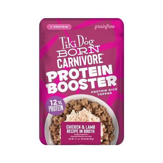 Tiki Dog Born Carnivore Protein Booster Dog Food Topper, Chicken and Lamb Recipe in Broth, 2.1 oz. Pouch (12 Count)