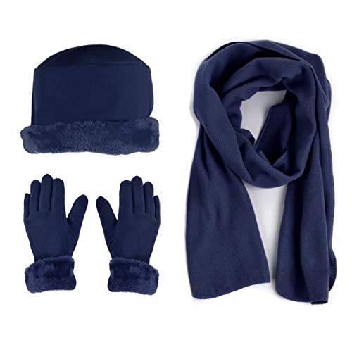 Women's Navy Solid Fleece 3-Piece gloves scarf Hat Winter Set