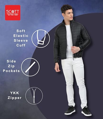 Image of Scott International Men's Quilted Puffer Jacket - Lightweight, Water Repellant, Elastic Cuffs, Zipped Pockets, Casual Winter Jacket - Stylish Outerwear for Men