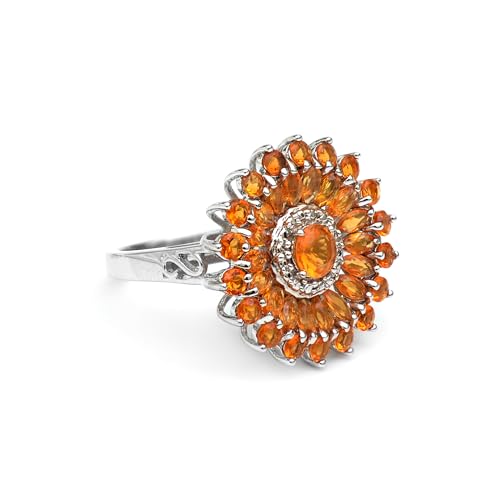 LOOKNSOURCE 925 Sterling Silver Ring Mexican Fire Opal Cluster Flower Design Gemstone Ring Natural Orange Opal Gemstone Jewelry For Women With Free Sarong