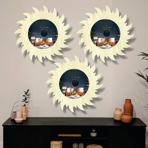 Image of Creative Arts n Frames 11 inch Set of 3 Round Wall Decor Hand Crafted Wooden HD Wall Mirror Panel for Living Room Bedroom Lobby Modern Wall Decor Home Decor Items (Chakra 2 Pine)