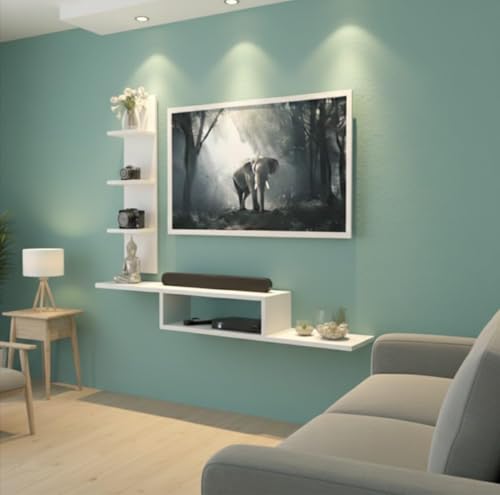 Image of Dual L Inverted Base Floating TV Cabinet | Best for Smart TVs up to 40 Inches | Engineered Wood | Space Saving Eco Design | Russian White