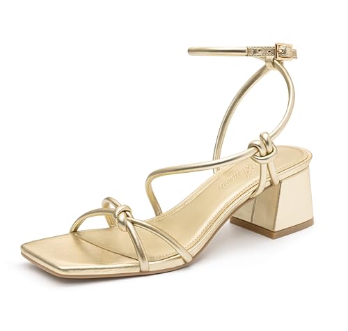 Athlefit Gold Heels Sexy Women Strappy Heels with Square Toe Low Chunky Block Heels Sandals Comfortable Summer Party Shoes for Dancing Wedding Prom Work 8