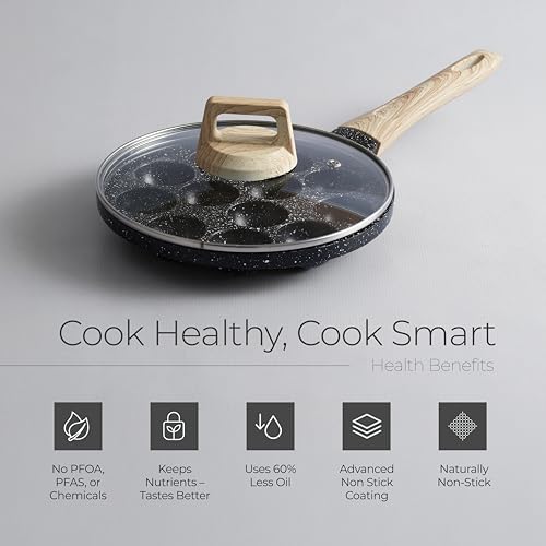 Image of Lifelong Diecast Aluminum Paniyaram Pan | 12 Pits, 1.5kg | 0.54L | 25cm Diameter |Pan with Glass Lid & Wooden-Finish Handle | For Cupcakes, Appe & Paniyaram |Durable for Easy Cooking & Cleaning, Black