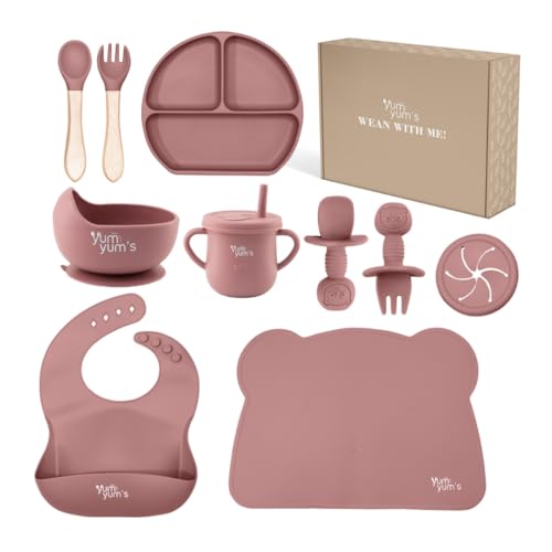 Yum Yums Baby 10 Pcs Pink Weaning Set - Complete Toddler Feeding Kit w/Sectioned Plate Suction Bowls Cutlery with Mouth Guard Straw Cup Bib & Mat - Non-Slip - for Toddlers & Baby Gift