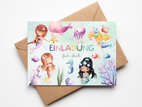 Paperlane by Essi Meerjungfrau Einladungskarten - Mädchen Unterwasser Kindergeburtstag - inkl. Umschläge (10er Set, Einladungskarten)