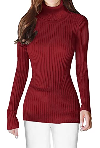 v28 Women Stretchable Turtleneck Knit Long Sleeve Slim Fit Sweater (L Burgundy)