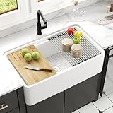 DeerValley White Farmhouse Sink Workstation 33 Inch Fireclay Apron Front Farm Sinks Single Bowl Heavy Duty Deep Drop-in Undermount Sink with Workstation Accessories