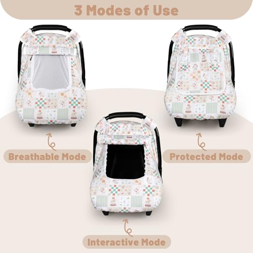 Image of SWESEN Car Seat Cover Baby, Summer Carseat Covers Baby Girl, Soft carseat Canopy Snug Fit Baby Stroller, Dual-Layer Protection, Cooling Mesh & Roll-Up Sun Shade, Elephant