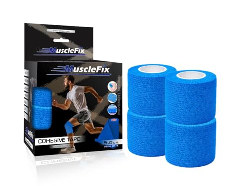 Image of Cohesive Self-Adhesive Bandage Wrap | Elastic Sports Bandage for Muscle & Joint Support | Breathable, Non-Slip, No Glue | Physiotherapy, Gym, Human & Pet Use (5 cm) (Pack of 4)-Blue
