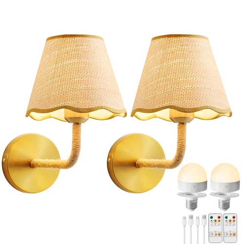 PENACINY Battery Operated Rattan Wall Sconces Set of Tow, Wireless Rechargeable Battery Powered Wall Light with Grass-Woven Lampshade for Bedroom Living Room Hallway Porch