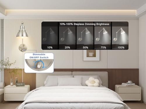 Image of 1 Pack Plug in Wall Sconce, Dimmable On Off Switch, Swing Arm Wall Lamp, Brushed Nickel Metal Industrial, Plug in Wall Light (Brushed Nickel, Without Bulb+Remote)