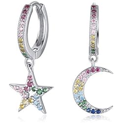 Pendientes De Agatha Ruiz De La Prada Qings Pendientes aro Plata con Colgante de Estrell Luna Circonitas Colores Star Moon Hoop Dangle Earrings 925 plata de ley Pendientes Colgante de Mujeres, Adolescentes, Niñas