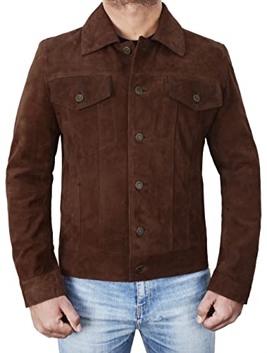 Image of Mens Premium Brown Suede Leather Trucker Jacket - Vintage Classic Motorcycle Western Goat Leather Coat