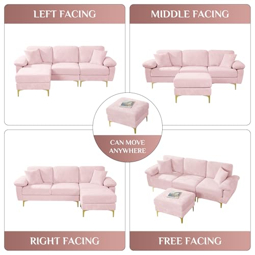 Image of OUYESSIR L Shaped Sectional Sofa Couch, 3 Seat Velvet Sofa with Ottoman and Pillows, Upholstered Comfy Couch Sleeper for Living Room, Bedroom, 91 inches (Pink)