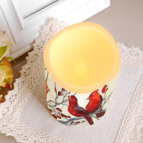 Image of Glass Cardinal Electric Flameless Candles Set of 4 | Xmas Battery Operated Candles with Remote Control, Electric Pillar Candles for Holiday Party, Living Room Decorations