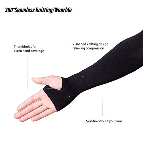 Arm Sleeve for Women Men, 5 Pairs Cooling UPF50 UV Protection Sun Sleeves Sports Compression Sleeves to Cover Arms, Thumb Hole, Black2