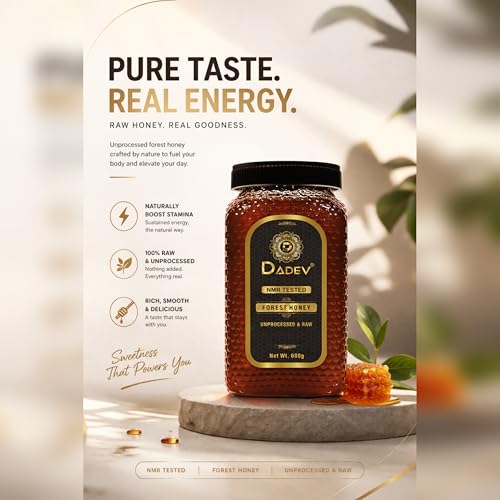 Image of DADEV HONEY Raw Organic Honey 600g | NMR Tested | 100% Pure Raw and Natural Honey | No Added Sugar | Unprocessed Forest Organic Honey-600gm GLASS JAR