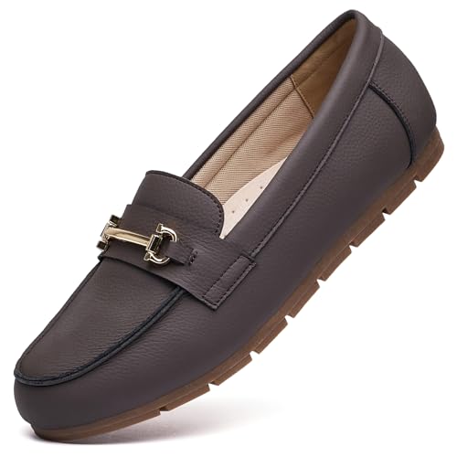 Image of Genuine Leather Loafers for Women Driving Moccasins Business Casual Work Shoes Comfortable & Lightweight Womens Dress Flats Slip On Shoes