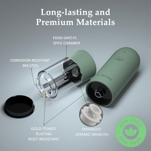 Electric Salt and Pepper Grinder Set, USB Rechargeable, Automatic Salt and Pepper Mill Grinder with Adjustable Coarseness, Electric Salt Shakers, LED Light, Refillable, Kitchen Gadgets (2 Packs, Sage) - Image 4