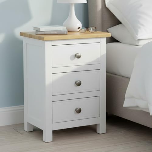Table de chevet blanche en chêne véritable massif GROF avec 3 tiroirs pour espace étroit - 2