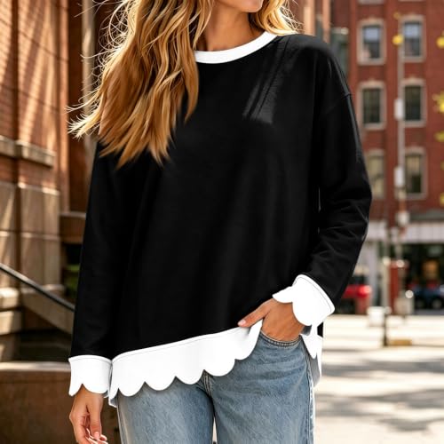 Black Sweatshirt for Women Cotton Crewneck Scalloped Hem Pullover Tops - image 3