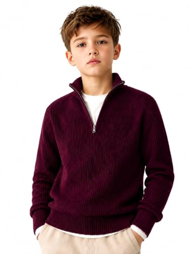 Buy Clothify Boys Quarter Zip Sweater, Ribbed Knit Mock Neck, DK Wine - Image 1