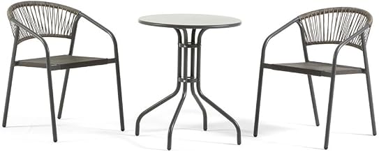 UBERTI. Balcony Bistro Set Round Metal Side Table and 2 Metal Chairs with Stackable Armrests with Rope Back, Space Saving Patio Garden Set - Max & Gaia (Dark Grey)
