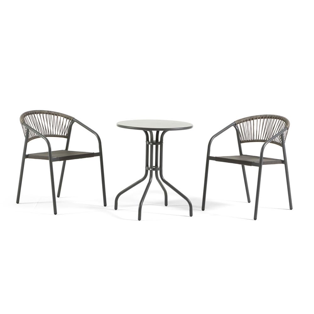 UBERTI. Set bistrò da balcone tavolino rotondo in metallo e 2 sedie in metallo con braccioli impilabili con schienale in corda, set salvaspazio per veranda e giardino - Max & Gaia (Grigio Scuro)