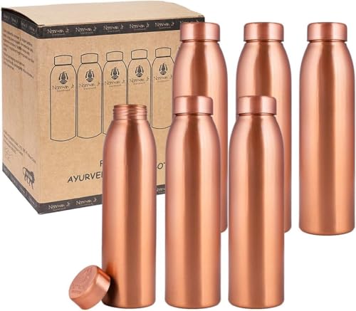 NORMAN JR Botella de Agua de Cobre 1L – Caja de Regalo de 6, Lisa, un recipiente ayurvédico hecho de cobre puro – ayuda a beber más agua y ofrece muchos beneficios para la salud