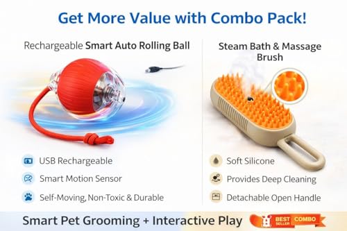 Image of Interactive Pet Toy Combo | Electric Auto-Rolling Ball with Tail + Silicone Grooming Brush for Dogs & Cats | Safe, Non-Toxic | Indoor Play & Grooming Set |