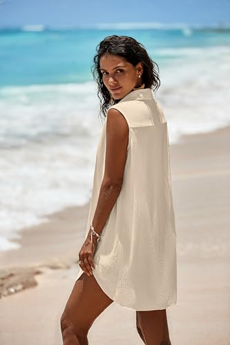 Women's Swimsuit Cover Ups - V Neck Beach Dress With 3/4 Sleeves, Army Green Bathing Suit Cover