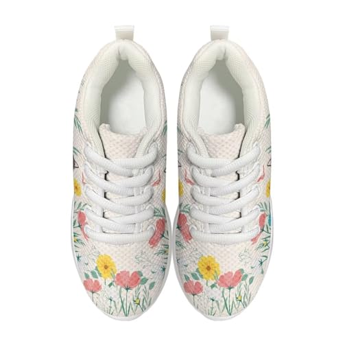 Kids Girl's Athletic Running Sneakers Breathable Mesh Tennis Shoes Cat Flower Sports Shoes Lightweight Non Slip Lace Up Casual Walking Hiking Shoes Outdoor Footwear White US 122