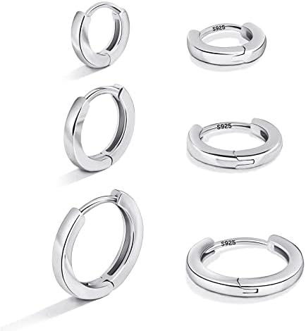 Gold Hoop Earrings Sets Women: 3 Pairs Sterling Silver Small Huggie Cartilage Hoops Hypoallergenic Jewelry for Little Girl Woman - Mini Thin Surgical Fashion Set for Sensitive Ear (Silver)