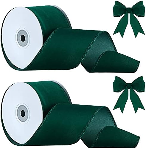 Lyrow Christmas Velvet Ribbon 2.5 Inches Christmas Velvet Satin Ribbon Vintage Wide Wired Edge Wrapping Ribbon for Christmas Wedding Decorating, Gift Wrapping Bow (Green, 20 Yards)